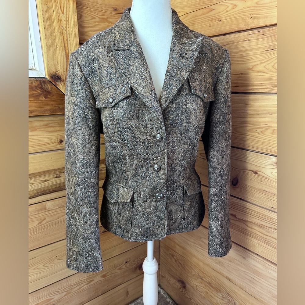 Vintage Brown Tweed Paisley Brocade Blazer Jacket Womens Size 14 Conrad C